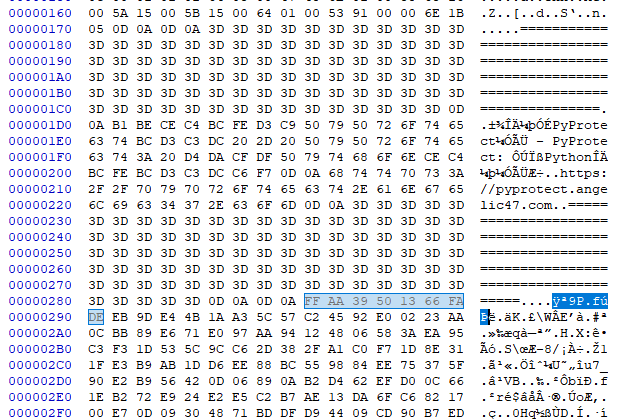 the split data after the pyprotect header in our hex editor