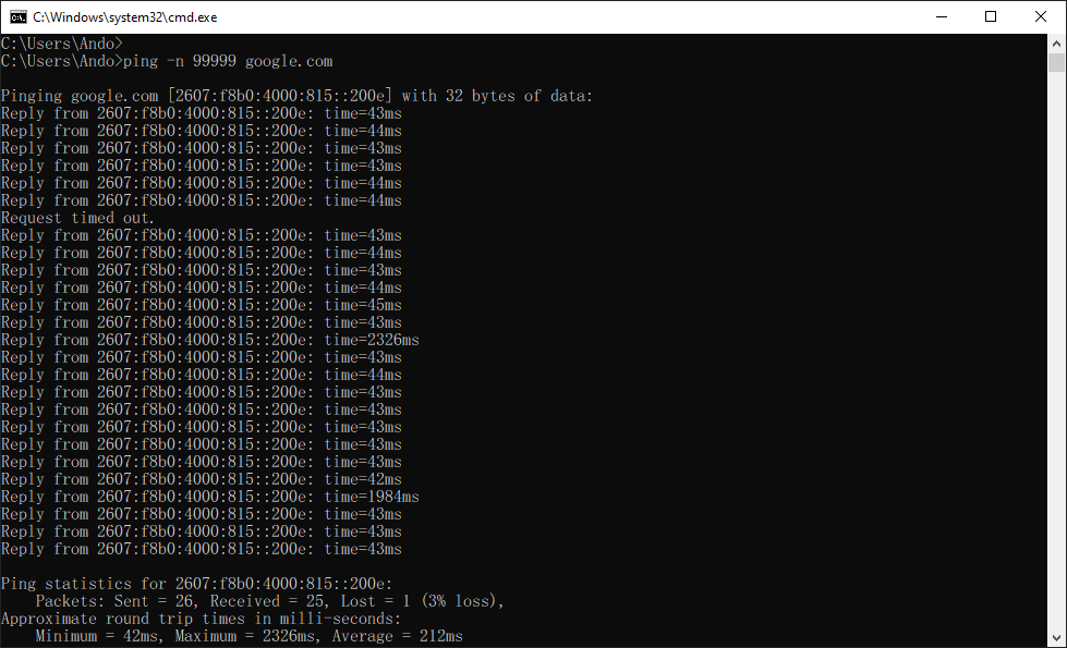Screenshot of intermittent latency spikes while pinging google.com