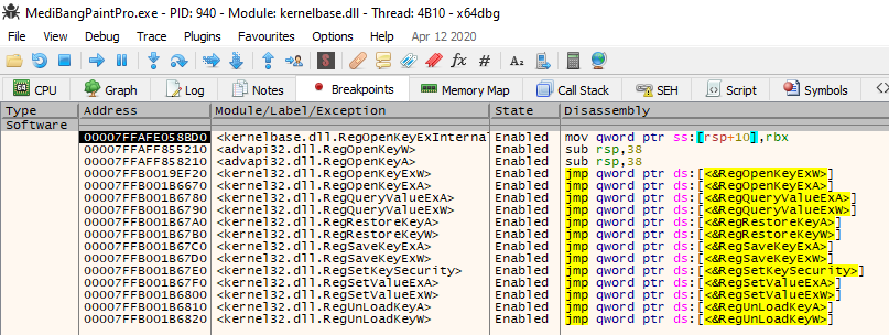 screenshot of x64dbg registry API breakpoints
