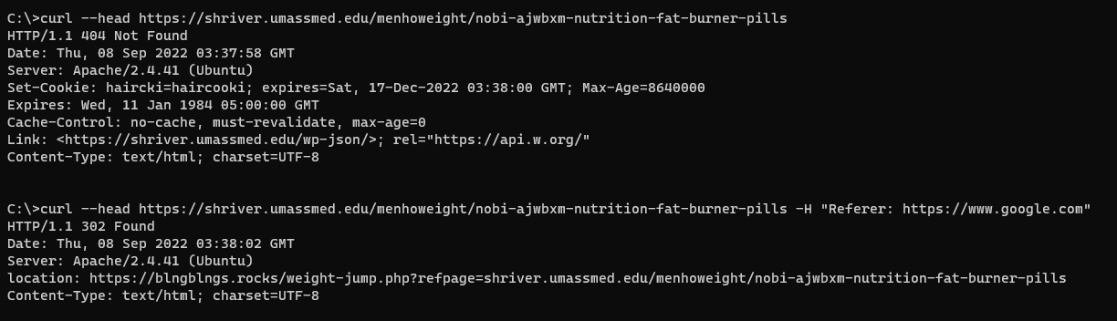 Screenshot curl output of the URL with the Google referer header. The site returned a 302 “Found” redirect to the spam site