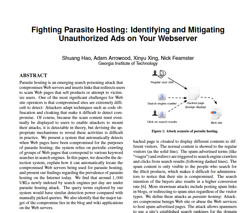 Screenshot of the “Fighting Parasite Hosting: Identifying and Mitigating Unauthorized Ads on Your Webserver” paper by authors: Shuang Hao, Adam Arrowood, Xinyu Xing, Nick Feamster
