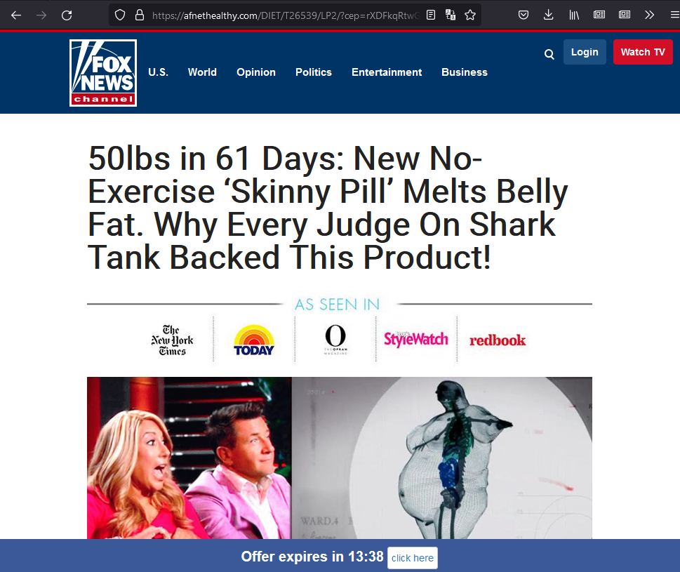 Screenshot of page redirected to by .edu site. The page shows the “Fox News” logo and contains an article about a “No-Excercise Skinny Pill”. The page is hosted on afnethealthy.com