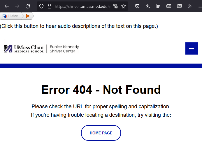 Screenshot of the 404 “Not Found” page on the real UMass Med website